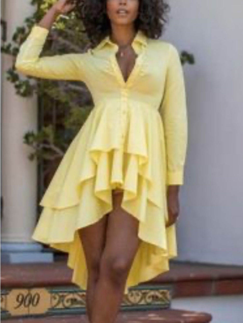 New, Rivir Yellow Ruffle High-Low Button Shirt Dress - Picture 14 of 14